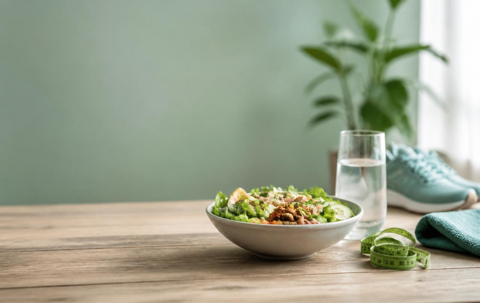 Fresh salad bowl, water glass, tape measure and trainers on a sunlit table